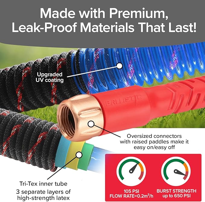 Pocket Hose Ballistic 75 FT Expandable Garden Hose w/Pocket Pivot Swivel Connector, Anti-Burst Sleeve Reinforced with Bulletproof Fiber, Lightweight, No-Kink, Compact, UV-Protected, AS SEEN ON TV