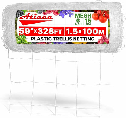 ATICCA Plastic Trellis Netting 59" x 328 ft Heavy Duty Plant Support Netting White - 6 Inch Garden Trellis on Roll - Mesh for Growing Vine Climbing Plants, Flowers, Peas, and Cucumber