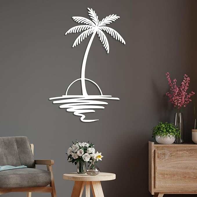 Metal Palm Tree with Sunset Wall Art, Large Outdoor Wall Decor, Tropical Beach Coastal Decor for Living Room, Bedroom, Garden Home Wall Sign, Perfect Metal Wall Art for Beach House, Coastal Theme, and Home Decoration (White, 32 x 26 inches)