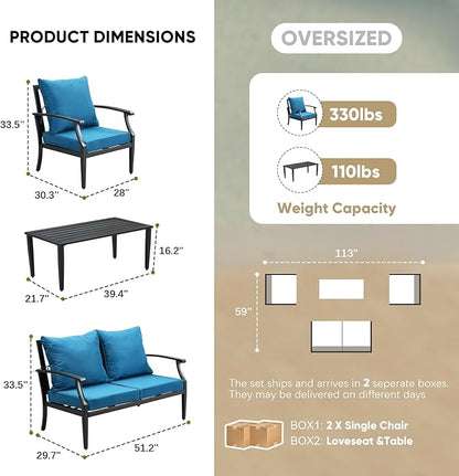 4 Pieces Patio Furniture Set w/loveseat,Coffe Table,Outdoor Conversation Metal Sofa with High Back and Thick Cushion,for Backyard,Garden,Peacock Blue