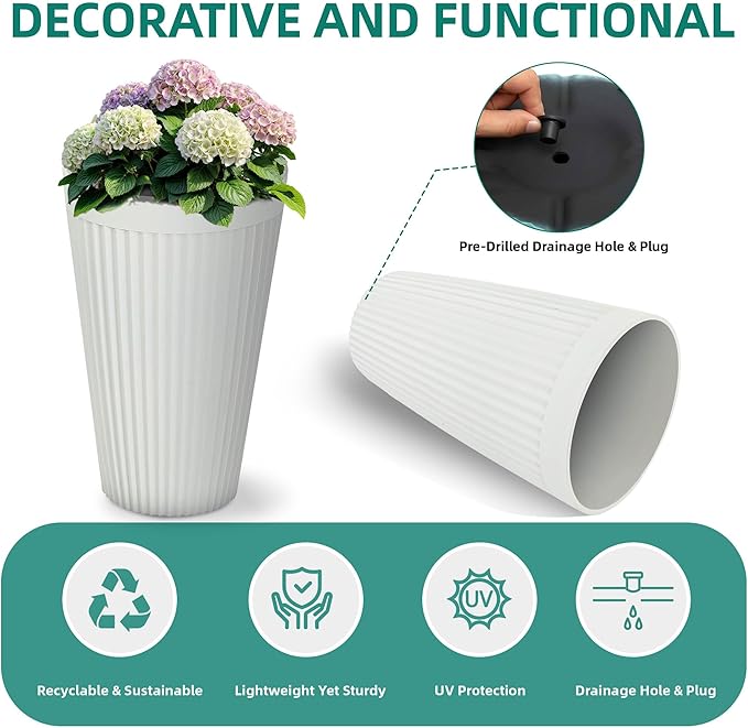 20" Resin Planters Large Matt Flower Pots Outdoor Set of 2 Indoor Pots for Plants with Handmade Fluted Texture Heavy-Duty Garden Pot with Drainage Hole for Patio, Porch or Living Room, White