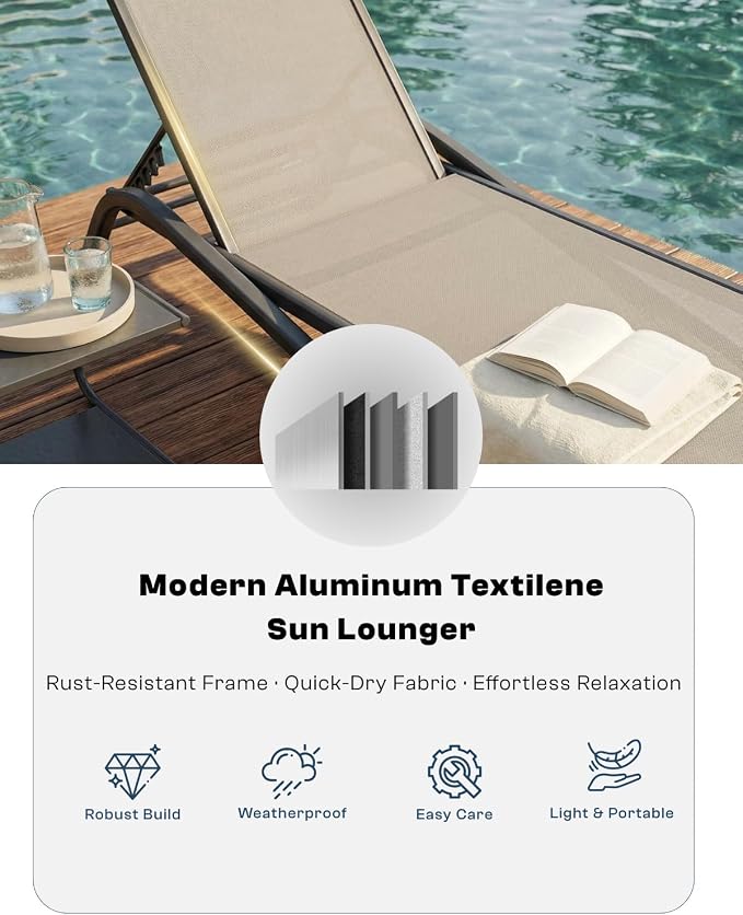 3-Piece Patio Chaise Lounge Set with Side Table, Set of 2 Adjustable Pool Chairs and Aluminum Bistro Table, All-Weather Outdoor Furniture for Pool Deck, Patio & Tanning, Beige