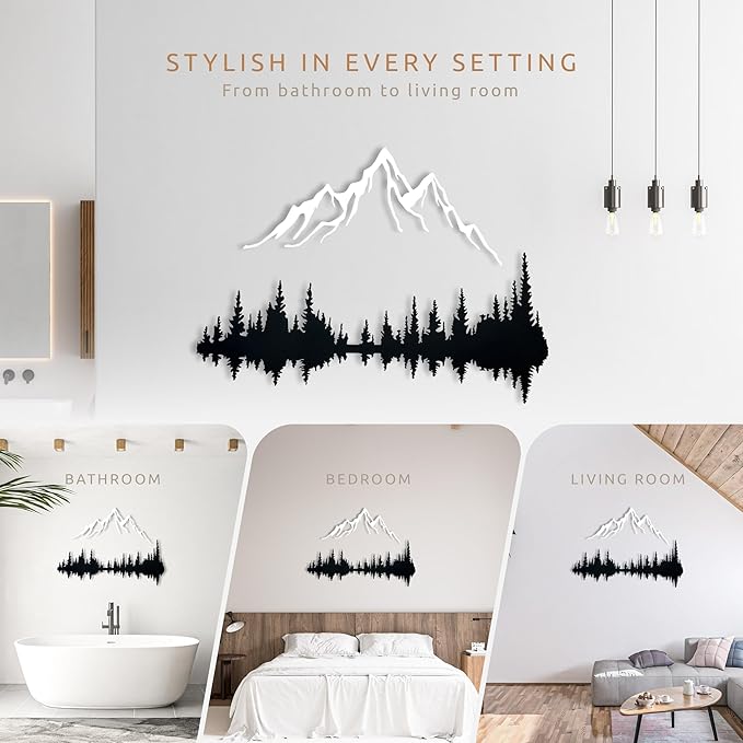 Wita Home Mountain and Forest Metal Wall Art, Wall Mounted Home Decor, Pine Trees and Nature Wall Art for Living Room, Bedroom or Office, Large Outdoor Wall Decor, Nature Christmas Decor (White Mountain-Black Forest, 40x27 inches)