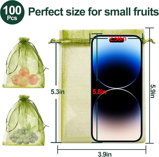 100Pcs Fruit Protection Bags, Green Drawstring Mesh Netting Covers, 3.9X5.9Inch Pest Barrier for Strawberry, Tomato, Blueberry & Small Fruits Vegetables Garden