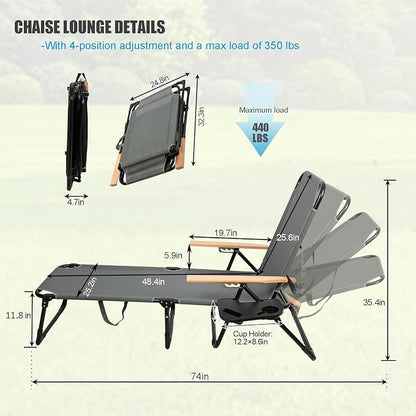 Folding Chaise Lounge Chair Outdoor, Folding Sun Lounger with 4-Position Reclining Back, Foldable Tanning Chair with Adjustable Headrest, Beach Lounge Chair for Poolside Backyard Camping (Black)