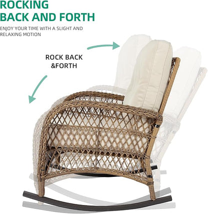 VIVIJASON Outdoor Wicker Loveseat Rocking Chair, 2-Person Patio Rattan Double Rocker Sofa with Thick Cushions, All-Weather Loveseat Rocker for Porch, Backyard & Garden