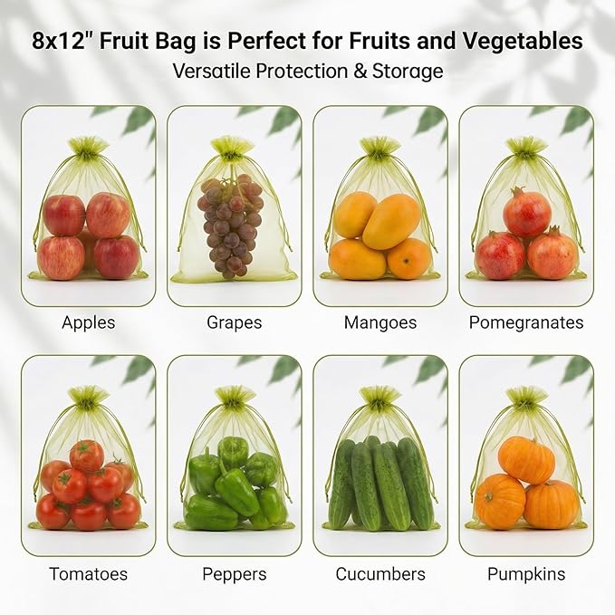 Sukh 50PCS Fruit Protection Bags - 8"x12" Fruit Cover for Fruit Tree Netting Fruit Nets to Protect Tomato Grape Mesh Fruit Organza Bags Green Net Produce Bag for Fruits & Vegetables Reusable