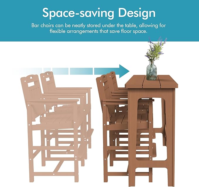 Ciokea Heavy-Duty Outdoor Bar Set, Rectangle High Top Table and 2 Oversized Adirondack Chairs Set, HDPE Modern Patio Bar Set for Outside Bistro Backyard Balcony Deck Outside, Teak