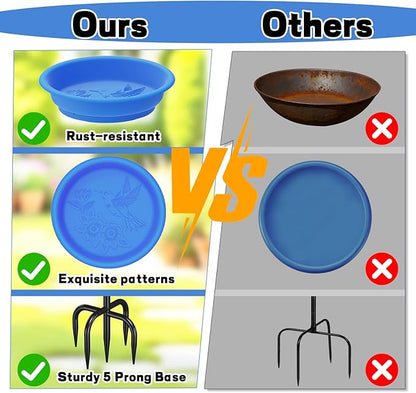 40in Freestanding Bird Bath for Outdoors, Rustproof 5-Prong Metal Stake with Removable Plastic Bowl, Easy Clean Birdbath for Garden Patio Yard Decor (Blue)