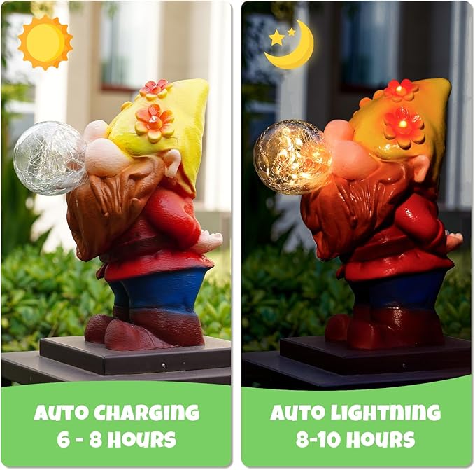 Solar Garden Statues Lights, 8.5" Christmas Outdoor Gnome Figurine with Auto On/Off for Yard Patio Decor, Gifts for Women, Grandma, Mom, Housewarming (Bubble Bliss Gnome)