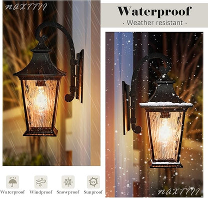 Outdoor Porch Light Waterproof Outdoor Wall Sconce Light with Water Ripple Glass Black Outdoor Light Fixtures Wall Mount 18 Inch Height E26 Socket