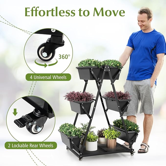 Giantex 6-Tier Rolling Raised Garden Bed, Vertical Planter Stand on Wheels with 6 Garden Boxes, Storage Shelf, Indoor Outdoor Freestanding Raised Beds for Flower Strawberry Vegetable Herb