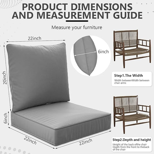 22" x 22" x 6" Outdoor Deep Seat Cushions Set - 2 Set Waterproof & Fade Resistant Patio Furniture Replacement Cushions, Non-Slip Outdoor Cushions Fit Loveseats, Couches, Chairs, and Sofas.
