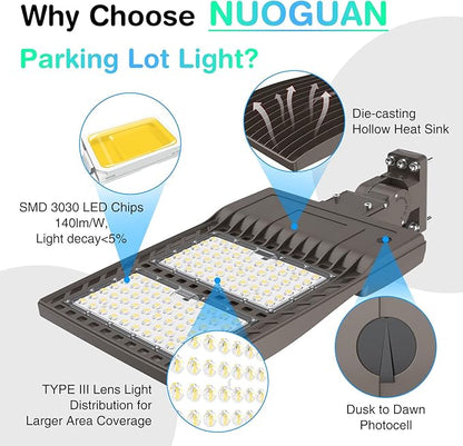 320W LED Parking Lot Light 44800LM with Photocell, UL DLC Listed, 5000K Shoebox Pole Light with Arm Mount, AC100-277V, IP65 Waterproof Commercial Street Area Lighting for Driveway/Roadway/Yard