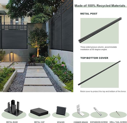 Mondaria Semi-Closed Privacy Fence Panels with 1 Post for Outside, 6ft(W) x 6ft(H), Wind Resistant Wood Plastic Composite Fencing Panels for Patio, Backyard, Garden and Pool, Gray
