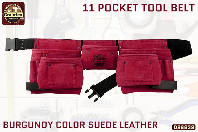 Graintex 11 Pocket Suede Leather Tool Belt/Tool Bag/Work Apron, 2 Hammer Loops, Adjustable Belt | Construction, Carpenter, Roofing, Drywall, Electrician, Gardening, DIY (Burgundy, 11 Pockets)