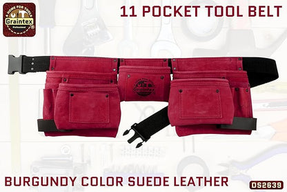 Graintex 11 Pocket Suede Leather Tool Belt/Tool Bag/Work Apron, 2 Hammer Loops, Adjustable Belt | Construction, Carpenter, Roofing, Drywall, Electrician, Gardening, DIY (Burgundy, 11 Pockets)