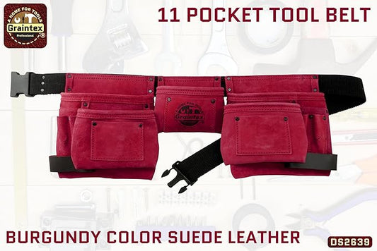 Graintex 11 Pocket Suede Leather Tool Belt/Tool Bag/Work Apron, 2 Hammer Loops, Adjustable Belt | Construction, Carpenter, Roofing, Drywall, Electrician, Gardening, DIY (Burgundy, 11 Pockets)