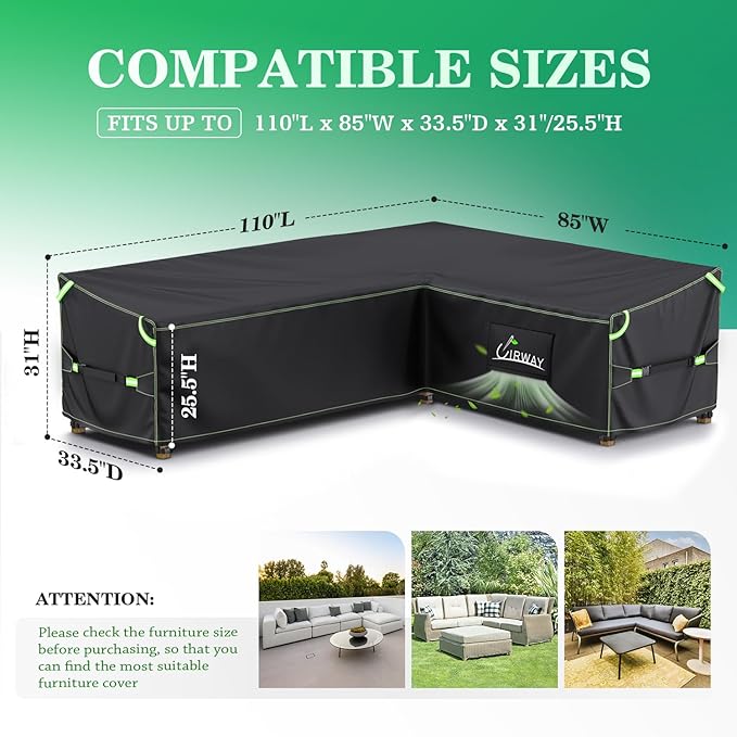 UIRWAY L-Shape Outdoor Sectional Sofa Cover Waterproof with Air Vent, 110" L/85" L x 33.5" D x 31" H (Left Side Long), Heavy Duty Patio Furniture Covers, Outdoor Couch Cover with Reflective Strips