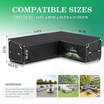 UIRWAY L-Shape Outdoor Sectional Sofa Cover Waterproof with Air Vent, 110" L/85" L x 33.5" D x 31" H (Left Side Long), Heavy Duty Patio Furniture Covers, Outdoor Couch Cover with Reflective Strips