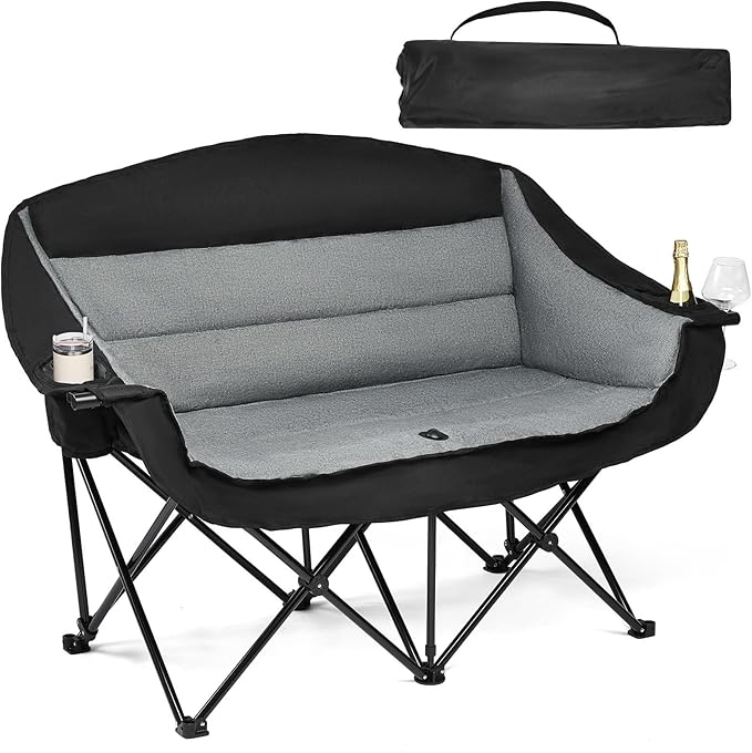 Double Camping Chair Loveseat - 2 Person Oversized Camping Couch for Adults Padded Heavy Duty Outdoor Lawn Beach Portable Folding Chairs with Cup Holders and Carry Bag Support 600lbs, Black/Grey