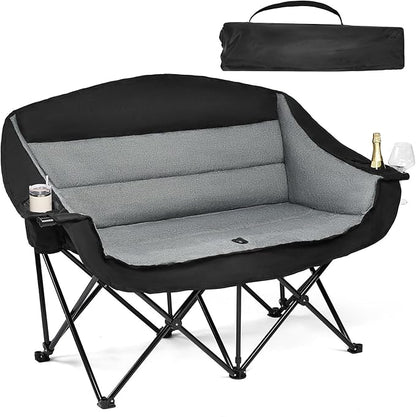 Double Camping Chair Loveseat - 2 Person Oversized Camping Couch for Adults Padded Heavy Duty Outdoor Lawn Beach Portable Folding Chairs with Cup Holders and Carry Bag Support 600lbs, Black/Grey