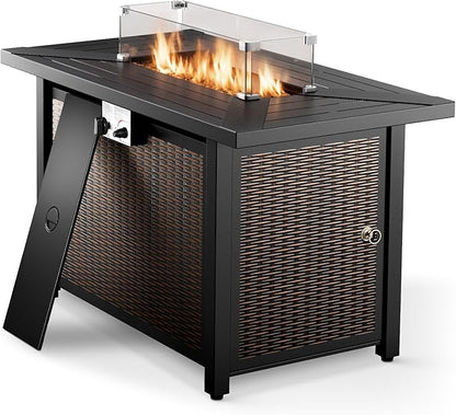 Patio Furniture Set with Fire Pit Table, 4PCS Patio Conversation Set Brown Resin Wicker Patio Chair and Sofa with 43in Rectangular Iron Firepit Table PE Rattan Patio Furniture Set