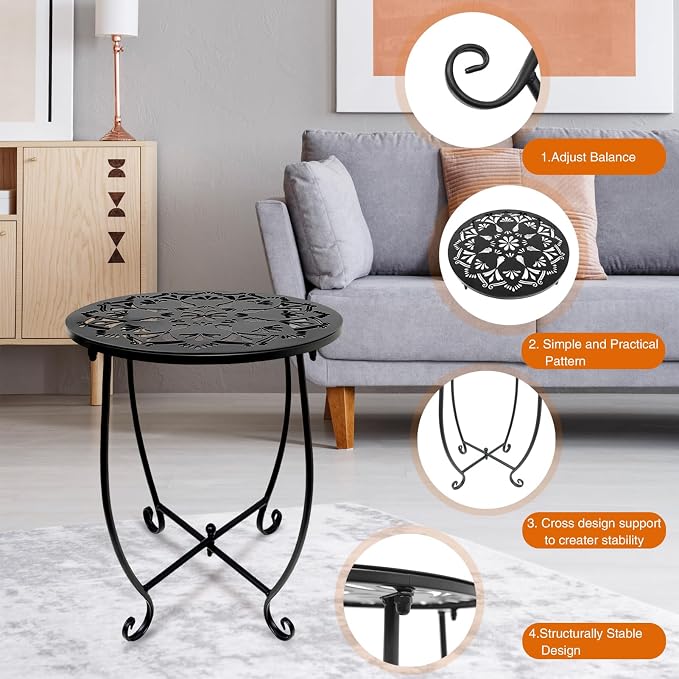 Fashion&cool Outdoor Side Tables, 14 Inch Rust-Resistant Metal Side Table for Outdoor, Round End Table Side Table for Patio Yard Porch Balcony Garden Bedside, Plant Stand (Black)