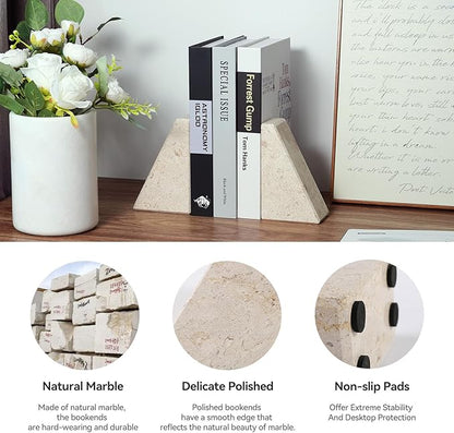 Karibiber Marble Bookends for Heavy Books, Decorative Book Ends for Shelves, Beige Stone Durable and Heavy-Duty Book Ends for Hardback Books & CDS, Unique Book Stopper & Holder, Set of 2