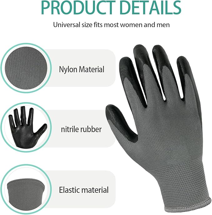 YOUKE OLA 120 Pair Gardening Gloves for Men, Breathable Rubber Coated Garden Gloves Working Gloves for Gardening, Construction Black 10/XLarge