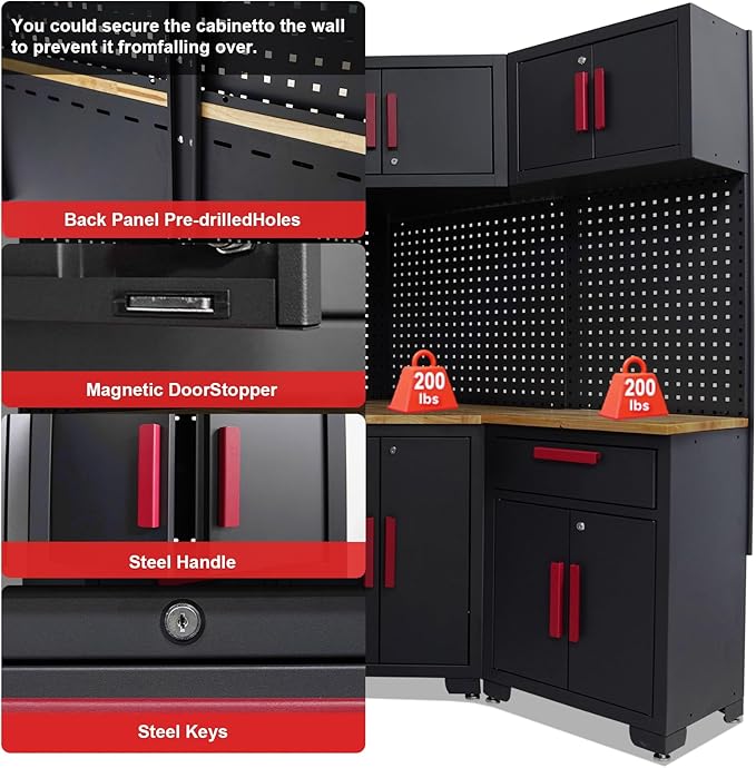 Red Garage Cabinet Storage System 10-Pcs Corner Workshop Set Garage Cabinet and Storage System for Tool Organization