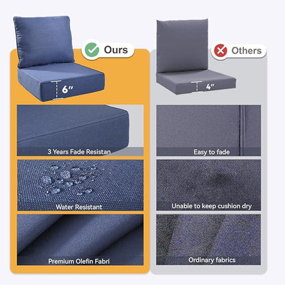 Outdoor Cushion Set for Furniture Patio Furniture, UV Resistant, Water Resistant - 6 Inch Thick Foam Garden Cushions– 22x24 Inch Patio Seat Covers for Chair/Sofa/Couch | Blue | 3-Pack |