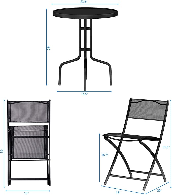Giantex 3 Pcs Bistro Set Garden Backyard Round Table Folding Chairs, with Rust-Proof Steel Frames & Reinforced Glass Design Outdoor Patio Furniture, Black