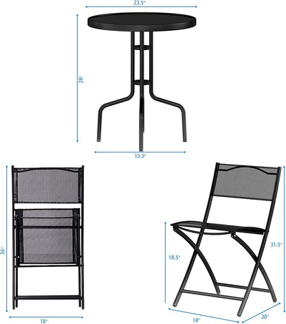 Giantex 3 Pcs Bistro Set Garden Backyard Round Table Folding Chairs, with Rust-Proof Steel Frames & Reinforced Glass Design Outdoor Patio Furniture, Black