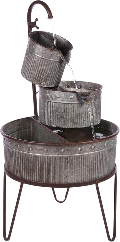 Alpine Corporation YHL684 33" Outdoor Floor 3-Tier Vintage Tubs and Planters Fountain, Rustic Metal Cascading Waterfall Feature for Gardens, Patios, and Yards, Silver
