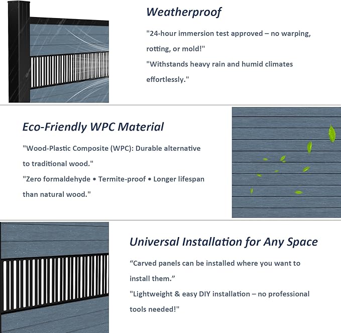 6 Feet×6 Feet Privacy Fence, Outdoor Wood Plastic Composite Fence Panel, Waterproof Security Barriers Fencing, WPC (Gray, Vertical (1 Panel - 1 Post))