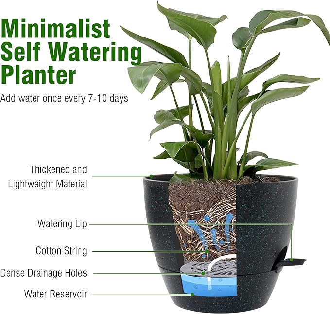 10 inch Self Watering Pots, Planter, Plant Pots with Mesh Drainage Holes for Indoor Outdoor House Plants and Garden, 2 Pack Plastic Flower Pots with Reservoir, Black with Green Speckles