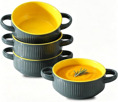 Soup Bowls with Handles, 23 oz French Onion Soup Crocks, Stackable Soup Bowl Oven Safe for Chili, Beef Stew, Embossment Ceramic Bowl Set - 5.4 Inch, Set of 4,Yellow Gray