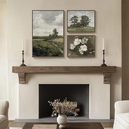 3 Piece Framed Vintage Landscape Canvas Wall Art Set, Large Green Tree and Floral Farmhouse Artwork for Walls, French Country Retro Nature Prints Paintings for Living Room Bedroom Fireplace Wall Decor