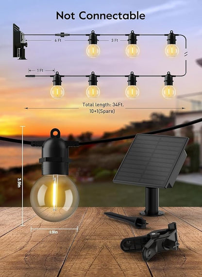 Brightown 34FT Outdoor Solar String Lights - LED G40 Pro Patio Energy Saving with 11 Shatterproof Bulbs, 3 Light Modes Waterproof Hanging Lights for Outside Garden Backyard Decor - Last for 20Hrs+