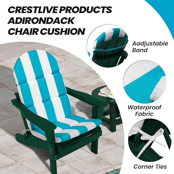 Crestlive 50x19.6 Inch Adirondack Chair Cushion Set of 2, Water Repellent, Fade Resistant, High Back Outdoor Rocking Chair Cushion for Patio, Blue Stripe