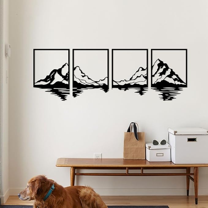 ESTART 4 Pcs Metal Mountain Wall Art, Large Mountains Wall Decor, Mountain Forest Decorative Painting Suitable For Living Room Bedroom Office Indoor And Outdoor (Mountains Rivers Large)