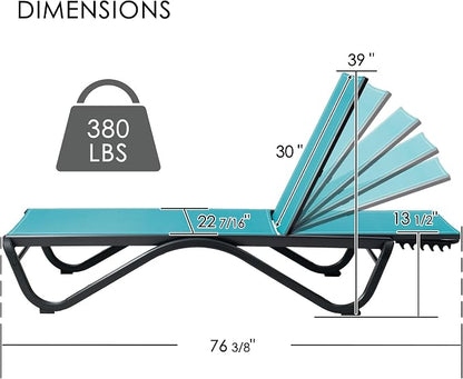 Kozyard Outdoor Chaise Lounge Chair, All Aluminum Frame and Textilene Fabric, Fully Flat Adjustable Reclining Patio Lounger for Poolside, Sunbathing & Backyard, (Aqua)