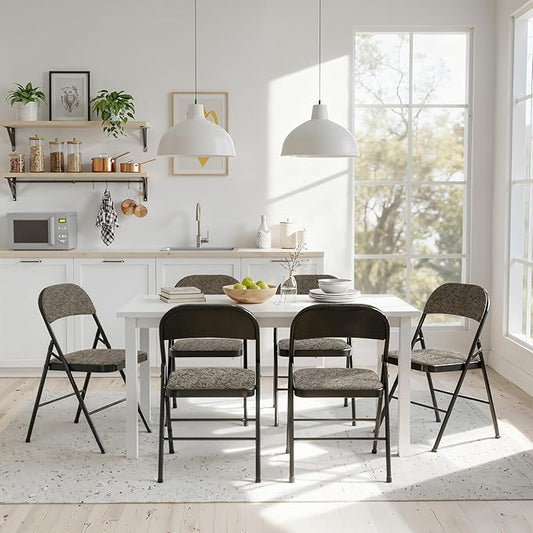 DUMOS 4 Pack Folding Chairs with Padded Cushion and Back - Fabric Stackable Portable Dining Chairs Set, for Home and Office, Conference, Wedding, Party, Patio, Garden, for Indoor Outdoor, Black Grey