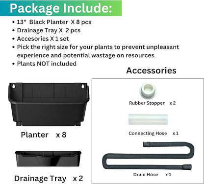 Maxona Vertical Wall Planter for Indoor Plant-Walls Mounted Pot with 2 Drainage Tray 8 Pack, 13 inch Black Color for Indoors and Outdoor Decor, Plastic Pots Balcony Planters, Plants Hanging