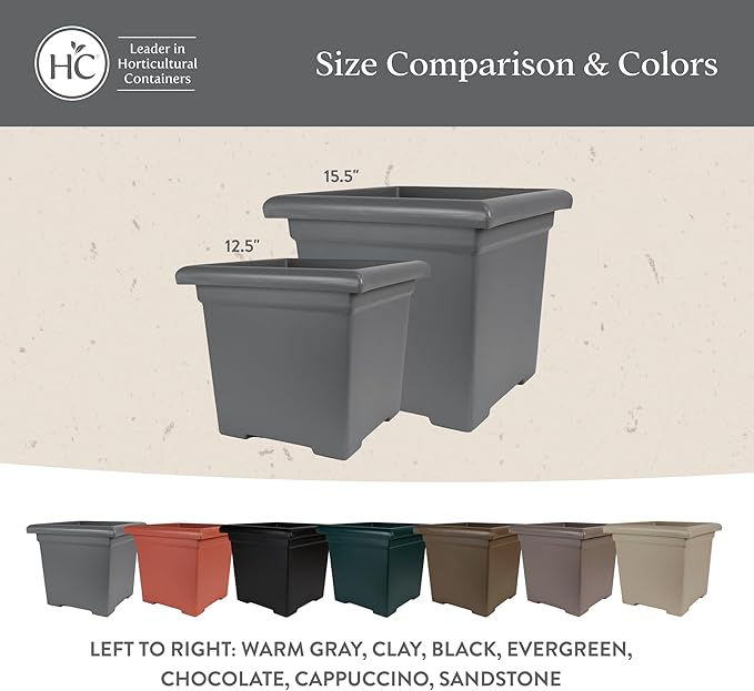 The HC Companies Accent Square Plant Pot w/Drainage - Classic Planters for Outdoor Plants & Indoor Plants - Lightweight & UV-Resistant Square Planter Box (15.5”, Evergreen, Pack of 1)