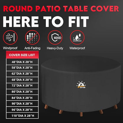 Zettum Round Patio Table Cover 90 Inch - 600D Outdoor Furniture Cover Round Waterproof & Heavy Duty, Large Lawn Furniture Set Covers for Outside Dining Table and Chairs Seating - 90 x 90 x 28 Inch