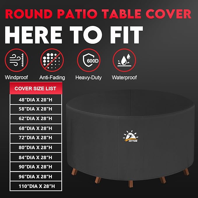 Zettum Round Patio Table Cover 58 Inch - 600D Outdoor Furniture Cover Round Waterproof & Heavy Duty, Lawn Furniture Set Covers for Outside Dining Table and Chairs Seating Combo - 58 x 58 x 28 Inch