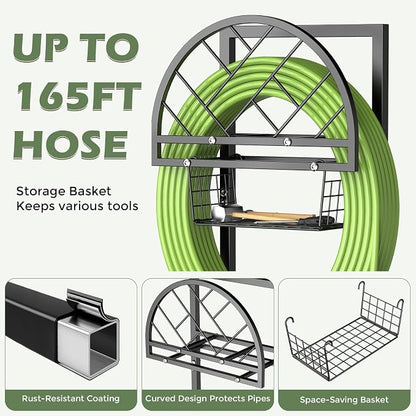 Garden Hose Holder Heavy Duty Water Hose Holder with Storage Basket,Holds Up to 165FT Hose, Freestanding Outdoor Hose Hanger with 4 Spikes Sturdy Hose Stand, for Outside Yard Lawn Patio