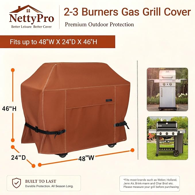 NettyPro Grill Cover Heavy Duty Waterproof 48 inch, Outdoor 2-3 Burners Gas BBQ Cover for Outside Weber, Char-Broil, Brinkmann, Nexgrill Barbecue, Brown